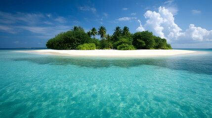Wall Mural - a serene tropical island with soft white sand, clear turquoise water and lush greenery