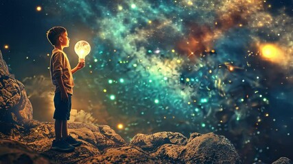 Poster - In a celestial landscape, a young boy stands on rocky terrain, holding a glowing light. Above him, a dazzling display of stars and galaxies illuminates the night.