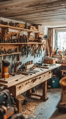 Wall Mural - Cozy Wooden Workshop with Tools and Equipment for Woodworking