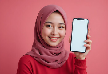 A young moslem girl wearing hijab, exciting look at her handphone, holding a blank cellphone screen, with isolated pastel color background