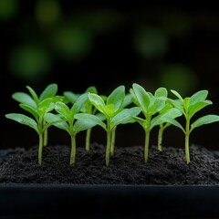 Wall Mural - Young seedlings sprouting in fertile soil under soft natural light