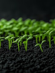 Wall Mural - Green seedlings emerge from dark soil in a nurturing environment