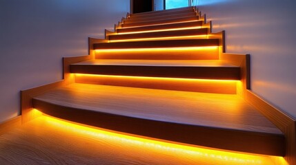 Wall Mural - Illuminated wooden staircase with warm LED lights.