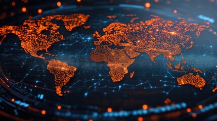 Canvas Print - orange glowing world map with network connections on a dark digital background. perfect for visualiz