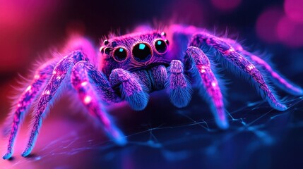 Wall Mural - captivating close up image of a neon colored spider with glowing compound eyes and a strikingly vibr
