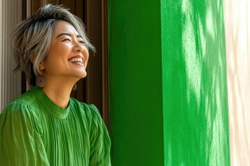 Wall Mural - Asian young adult female smiling by green wall, joyful moment in natural light