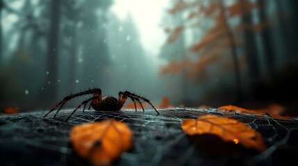 Intricate webbing of a spider s territory densely woven silk threads glimmering in the mystical light of a moody misty forest backdrop