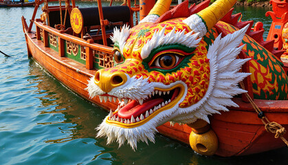 Dragon boat figurehead sculpture on water