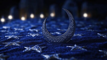 Wall Mural - A silver crescent moon adorned with Arabic calligraphy rests on dark blue sand studded with silver stars. Ideal for Ramadan or Islamic-themed projects.