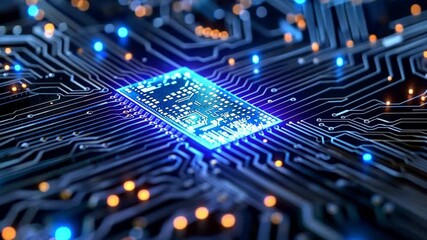 Fototapete - A close-up view reveals a glowing microchip amidst intricate circuits, showcasing advanced technology. Bright blue and orange lights illuminate the pathways, signifying activity and complexity.