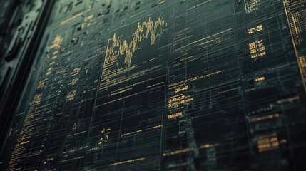 Canvas Print - dark digital display with glowing orange code, data streams, and graph. ideal for technology, cybers