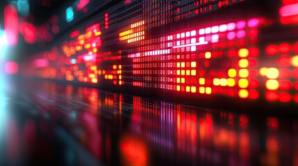 Canvas Print - blurred binary code and colorful blocks on a dark reflective surface. ideal for tech, cybersecurity,