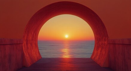 Sticker - Sunset over the ocean viewed through a circular arch at a serene coastal location