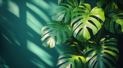 Canvas Print - Lush Monstera deliciosa leaves against a teal wall with sunlight shadows.