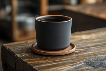 Wall Mural - Warm coffee in black mug placed on wooden coaster near a window in morning light