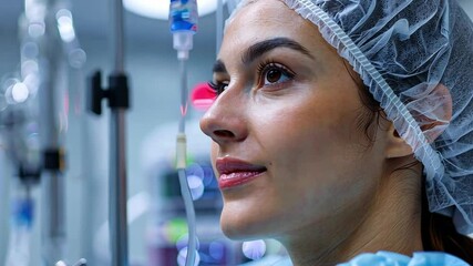 Poster - A healthcare worker attentively observes a patient receiving stem cell treatment in a modern medical environment. Bright lights and high-tech equipment surround them, emphasizing cutting-edge care.