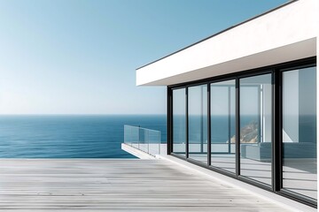 modern minimalistic house with large glass windows and white facade with a sea view