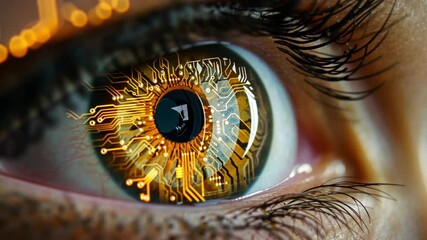 Poster - A close-up of a human eye reflecting intricate circuit patterns, symbolizing the connection between human vision and advanced artificial intelligence technology.