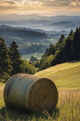 Sticker - Beautiful sunset over a peaceful rural landscape with a hay bale and mountains in the background