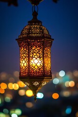 Poster - Decorative lantern hanging with vibrant city lights in the background during twilight hours