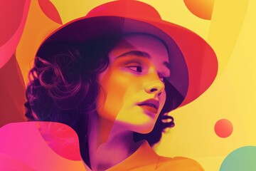 Leinwandbilder - Creative portrait of a woman with curly hair set against a vibrant red and orange background, showcasing artistic lighting and overlays