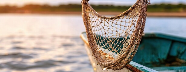 Everyday Life in Charming Waterfront Communities, a macro photography close-up of a fishing net hanging from a small boat, with water droplets catching the sunlight in a sparkling effect