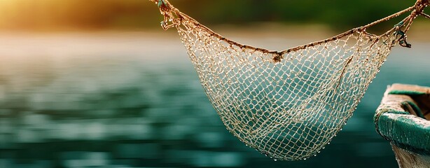 Everyday Life in Charming Waterfront Communities, a macro photography close-up of a fishing net hanging from a small boat, with water droplets catching the sunlight in a sparkling effect
