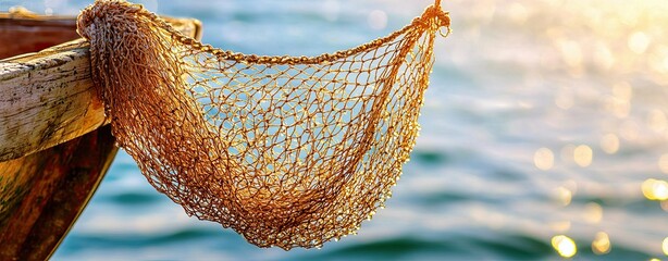 Everyday Life in Charming Waterfront Communities, a macro photography close-up of a fishing net hanging from a small boat, with water droplets catching the sunlight in a sparkling effect