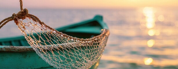 Everyday Life in Charming Waterfront Communities, a macro photography close-up of a fishing net hanging from a small boat, with water droplets catching the sunlight in a sparkling effect