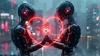 Poster - Two sleek robotic figures stand in a high-tech city, holding hands and sharing a radiant heart symbol. The atmosphere is vibrant, embodying love and connection during Valentine's Day.