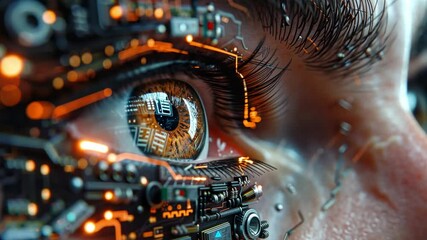 Poster - Close-up view of an eye augmented with intricate circuit designs, showcasing a blend of organic and artificial elements. The eye reflects advanced technology, emphasizing innovation.