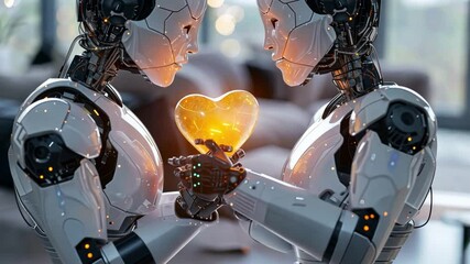 Poster - Two humanoid robots gently hold a glowing heart, representing love and affection. The scene suggests a futuristic celebration of Valentine's Day in a stylish indoor environment.