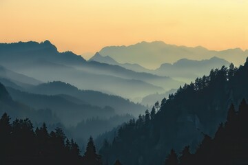 Fototapete - Majestic mountain landscape at sunset featuring vibrant colors and layered peaks under a tranquil sky creating a serene atmosphere