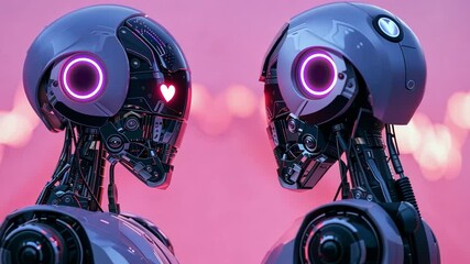 Poster - Two futuristic robots face each other, featuring glowing heart designs in their eyes against a soft pink background. This captivating moment emphasizes connection and affection.