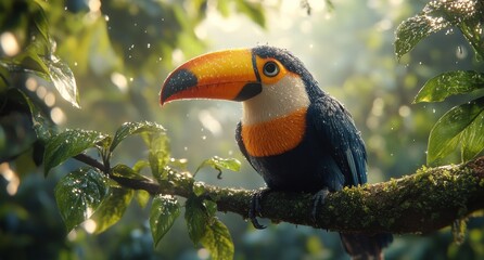 Wall Mural - Vibrant toucan perched on a branch surrounded by lush rainforest foliage and droplets of rain