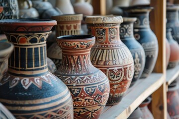 Poster - Ceramic jug with intricate designs displayed on a wooden table among decorative vases and dried flowers in a cozy interior setting