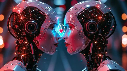 Poster - Two advanced AI robots stand face to face, radiating emotion with a glowing heart symbol between them. The vibrant lights of a futuristic city create a perfect romantic atmosphere.