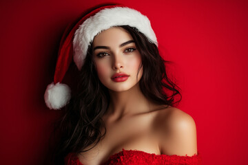 Wall Mural - woman in a red and white Santa hat and red coat. She is wearing red lipstick and has her hair pulled back