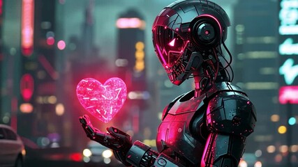 Poster - A sleek, futuristic robot gracefully holds a glowing, heart-shaped crystal amidst a bustling city backdrop alive with colorful lights. The atmosphere is festive, celebrating love.