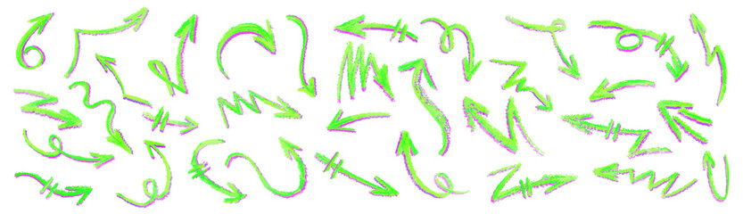 Wall Mural - neon green arrows set. wax crayon drawing grafitti elements in with pink shadow. collection of vecto