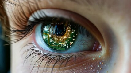 Leinwandbilder - A close-up view of a human eye showcasing intricate circuits and technology reflected in the iris.