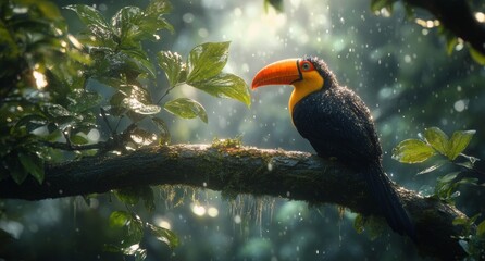 Wall Mural - Vibrant toucan perched on a branch surrounded by lush rainforest foliage and droplets of rain