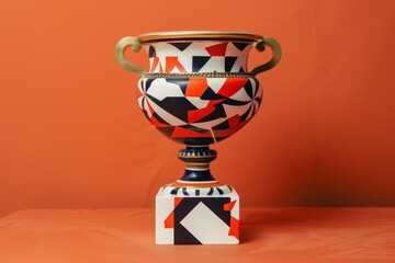 Poster - Colorful ceramic vase with geometric patterns displayed on a pedestal under soft lighting in a contemporary setting