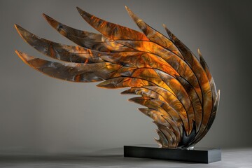 Aufkleber - Elegant metallic sculpture of stylized wings showcasing intricate details and vibrant colors displayed in a modern art gallery setting