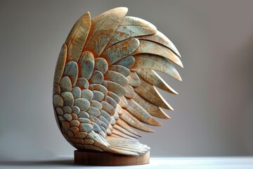 Aufkleber - Elegant metallic sculpture of stylized wings showcasing intricate details and vibrant colors displayed in a modern art gallery setting
