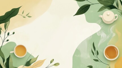 Wall Mural - International Tea Day abstract background. Featuring calming greens, creams, and yellows. Highlighting tea culture, wellness, and relaxation. Ideal for tea-related campaigns and wellness promotions