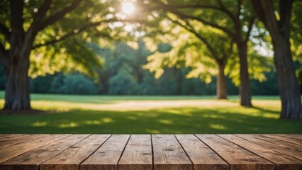 Wall Mural - Rustic wood board table mockup surface with grass and trees outdoor background