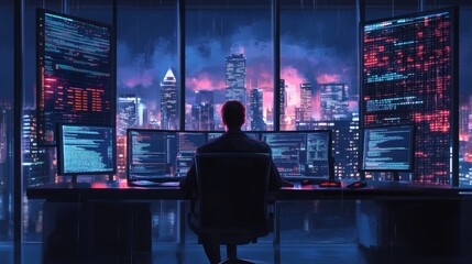 Night city view from a modern workstation, programmer working late.