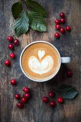 Wall Mural - Warm coffee cup with artistic foam surrounded by red berries and green leaves on wooden surface