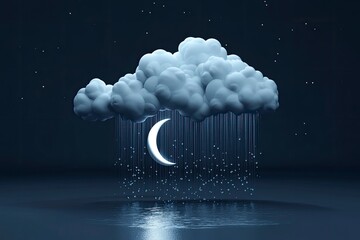 Sticker - 3d render of a Heavy rain at night icon with clouds and crescent moon 